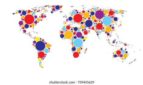 World map of colored circles, multicolor pattern, well organized layers