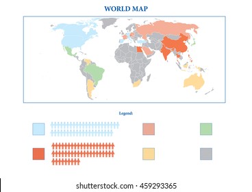 World Map Colored With Legend And People Icons Vector