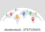 World map with colored markers. Curved world map with colored pin position. 