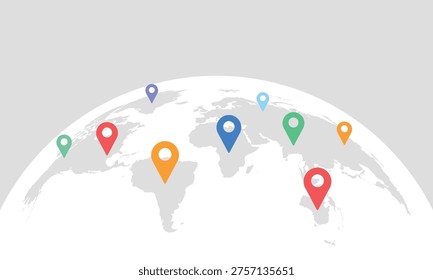 Mapa del mundo con marcadores de colores. Mapa del mundo curvado con la posición del pin coloreado. 