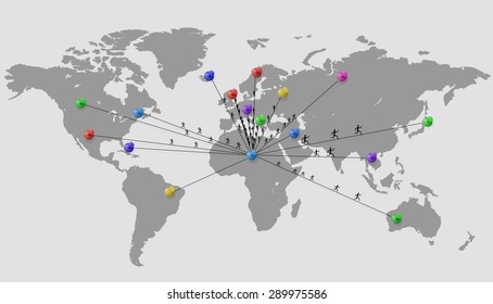World map with colored pins indicating direction of travel