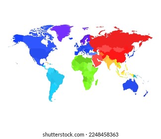 World map. Colored political world map. Countries borders. North America. Asia. Europe. EU. Africa. South America. Vector illustration.