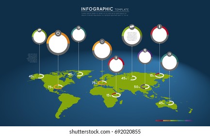world map with colorful circles and pointers, infographic template