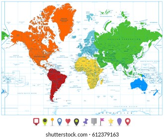 World map with colorful continents and flat map pointers isolated on white. Highly detailed map illustration with countries, cities and navigation symbols.