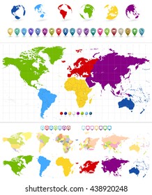 World Map and colorful continents with large navigation icon set