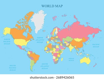 World Map in Colorful Countries with Visible Geographic Borders, Colored World Map