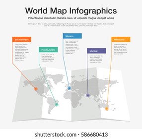 World map colorful info graphics template with pointer marks.