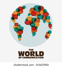 World map with colorful speech bubbles Translating, language interpreter and communication vector concept illustration. Flat design
