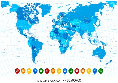 World map in colors of blue and colorful map pointers. Highly detailed vector illustration of World Map.