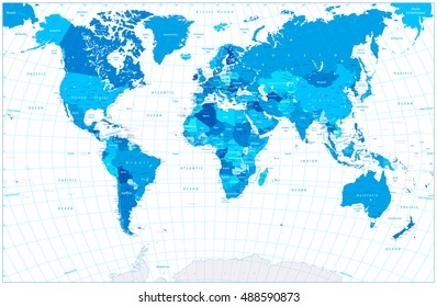 World Map in colors of blue. Highly detailed vector illustration of World Map.
