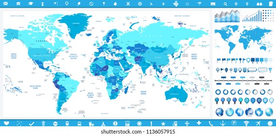 World Map in colors of blue and infographic elements. Detailed vector illustration of map.