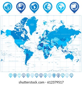 World Map in colors of blue and map pointers. Highly detailed vector illustration of World Map.