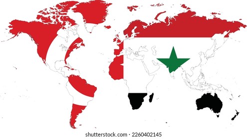 World map in colors of Flag of Turkey and Syria - half of flags of both countries put into one flag