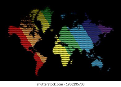 World map in colourful dots on black background. Earth continents in rainbow colours vector illustration. America, Asia, Africa, Australia, Europe in circle point pattern.