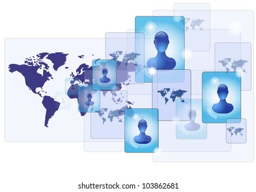 World map with communication network and friends