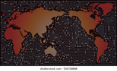 World map communication network of gray, brown, and red shades