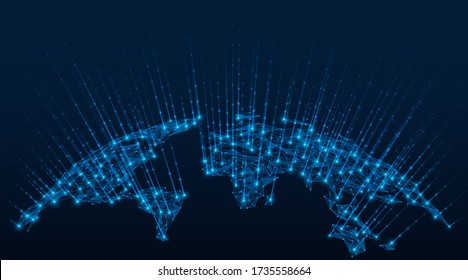 World map. Communication technologies. Satellite communication. Polygonal model of earth's continents. Blue background.