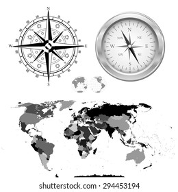 world map, compass
