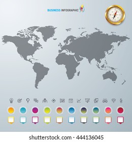 World map with Compass info graphic. used for workflow layout, diagram, banner, number options, graphic or web design.