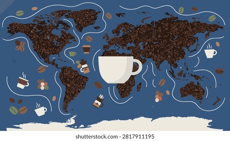 World map composed of coffee beans with a central white coffee cup on a deep blue background.