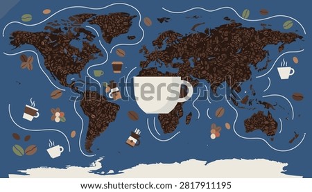 World map composed of coffee beans with a central white coffee cup on a deep blue background.