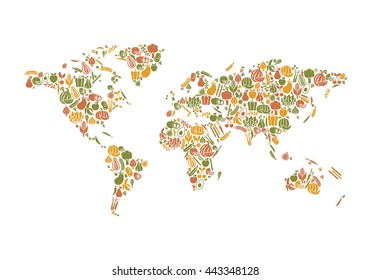 World map composed of fruits and vegetables: nutrition and global food production concept