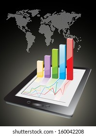 world map and computer tablet showing a spreadsheet with some 3d charts over it