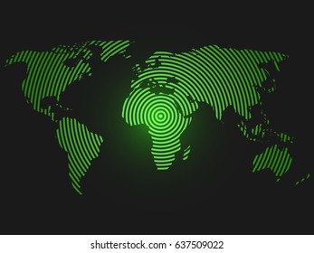 World map of concentric rings. Green led light futuristic design on dark background. Vector illustration.