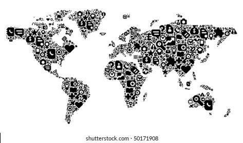 World Map concept. Made of 100 vector icons set in black color.