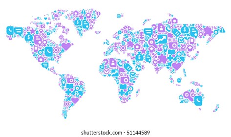 World Map concept. Made of 100 vector icons set in blue and violet colors.