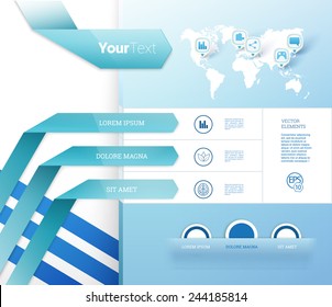 World Map Concept Vector Graphics For International Traveling Subject. Scalable EPS10 Layout Template With  Sample Icon Set.