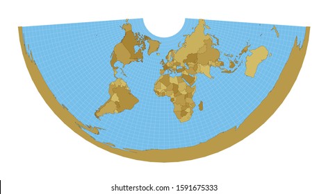 World Map. Conic equidistant projection. Map of the world with meridians on blue background. Vector illustration.