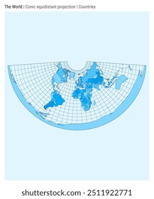 World Map. Conic equidistant projection. Countries style. High Detail World map for infographics, education, reports, presentations. Vector illustration.