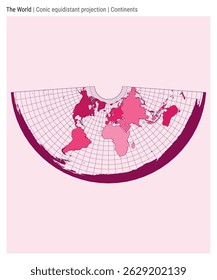 World Map. Conic equidistant projection. Continents style. High Detail World map for infographics, education, reports, presentations. Vector illustration.