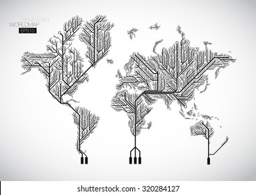 World map connected by Circuit board lines.
