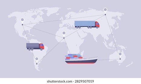 World map with connected logistics routes, cargo truck and container ship. Flat vector illustration for international shipping and freight transport.