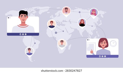 World map with connected profile icons and video call windows. Flat vector illustration for global communication, remote teamwork and online meetings.