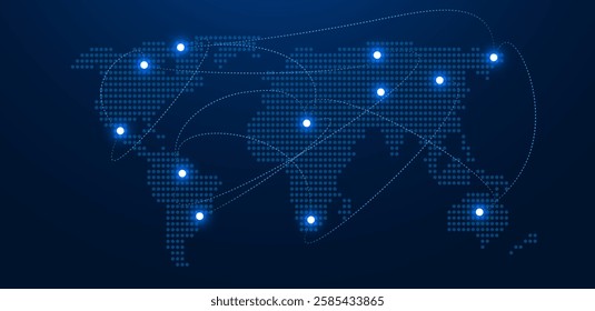 World map with connecting line and dot on blue background. Vector editable