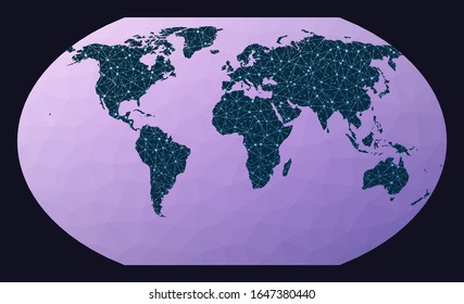 Weltkarte-Verbindung. Kavrayskiy VII pseudozylindrische Projektion. Weltnetzplan. Wired globe in Kavrayskiy 7 Projektion auf geometrischem Low-Poly-Hintergrund. Moderne Vektorillustration.