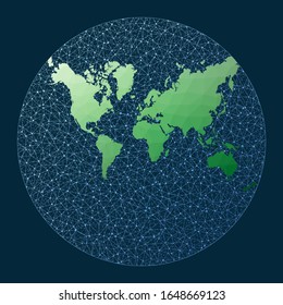 World map connection. Lagrange projection. Green low poly world map with network background. Cool connected globe for infographics or presentation. Vector.