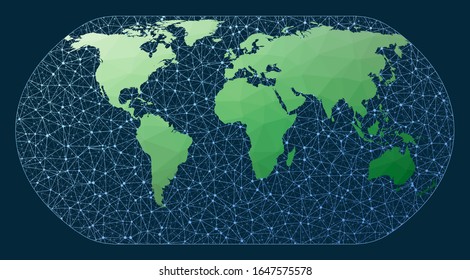 World map connection. Natural Earth 1 projection. Green low poly world map with network background. Vibrant connected globe for infographics or presentation. Vector.