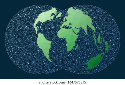 World map connection. Rectangular Polyconic projection. Green low poly world map with network background. Charming connected globe for infographics or presentation. Vector.