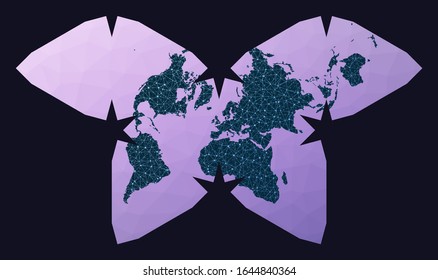 World map connection. Steve Waterman's butterfly projection. World network map. Wired globe in Polyhedral Waterman projection on geometric low poly background. Stylish vector illustration.