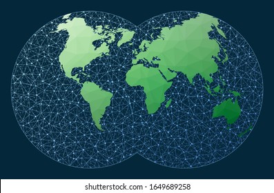 World map connection. Van Der Grinten 4 projection. Green low poly world map with network background. Superb connected globe for infographics or presentation. Vector.