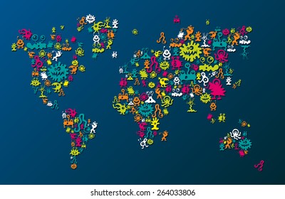 World Map Consisting Of Monsters In Different Colors
