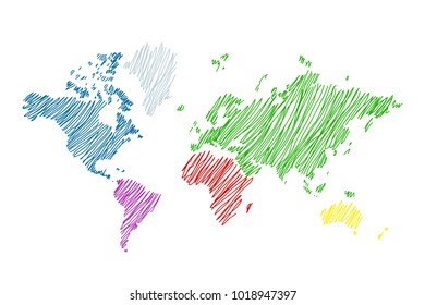 World map with continent in different color. Flat design. One line style. Simple modern minimalistic style. Cute linear design element. Simple illustrated illustration for printing, web
