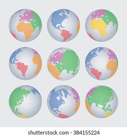 World map and continent halftone dot vector set
