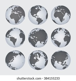 World map and continent halftone dot vector set
