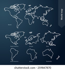 World Map and continent line vector Illustration