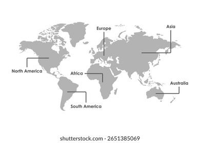 Mapa mundial com nomes de continentes. Mapa do mundo com sinais de continente. Um mapa mostrando todos os continentes com seus nomes. Conceito de viagem. Vetor